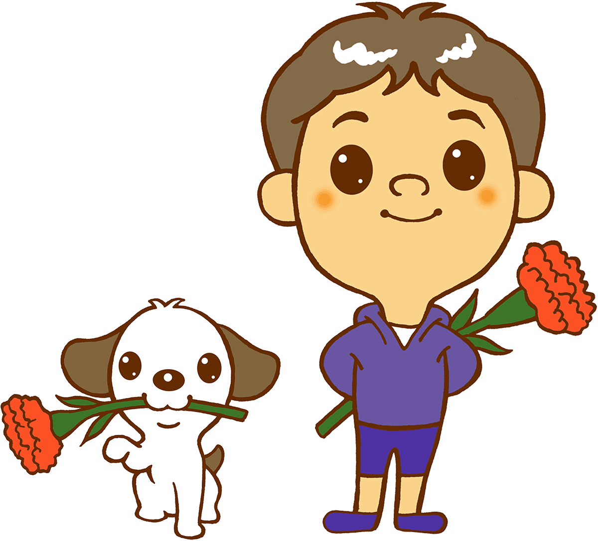 A boy and a dog have flowers for mom.