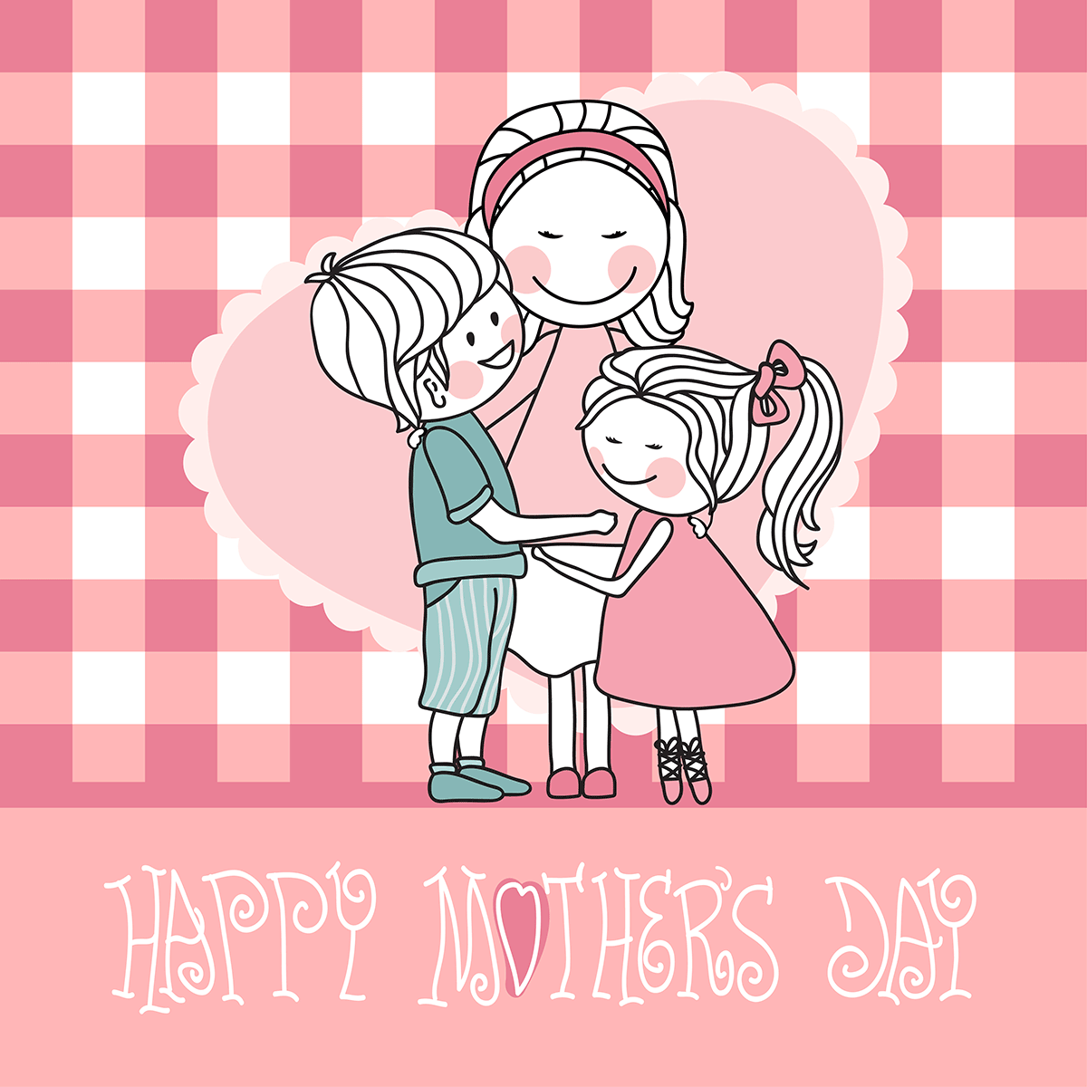 Plaid red and white Mother's Day card with 2 children and a heart in the background.