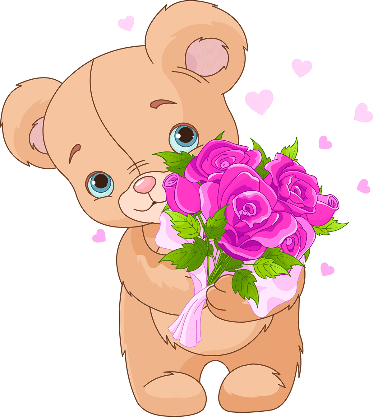 Teddy bear hodling a bouquet of flowers.