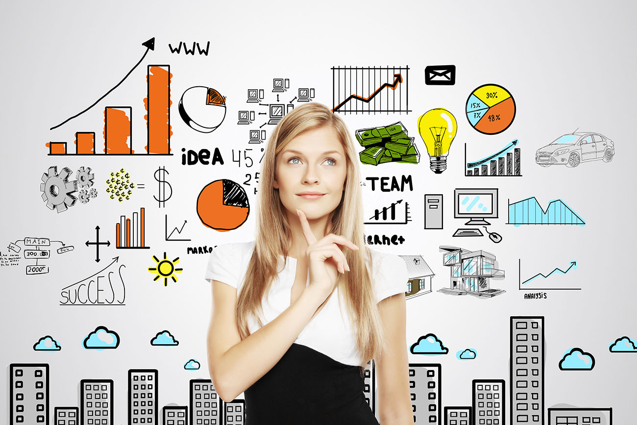 Woman with marketing ideas background.